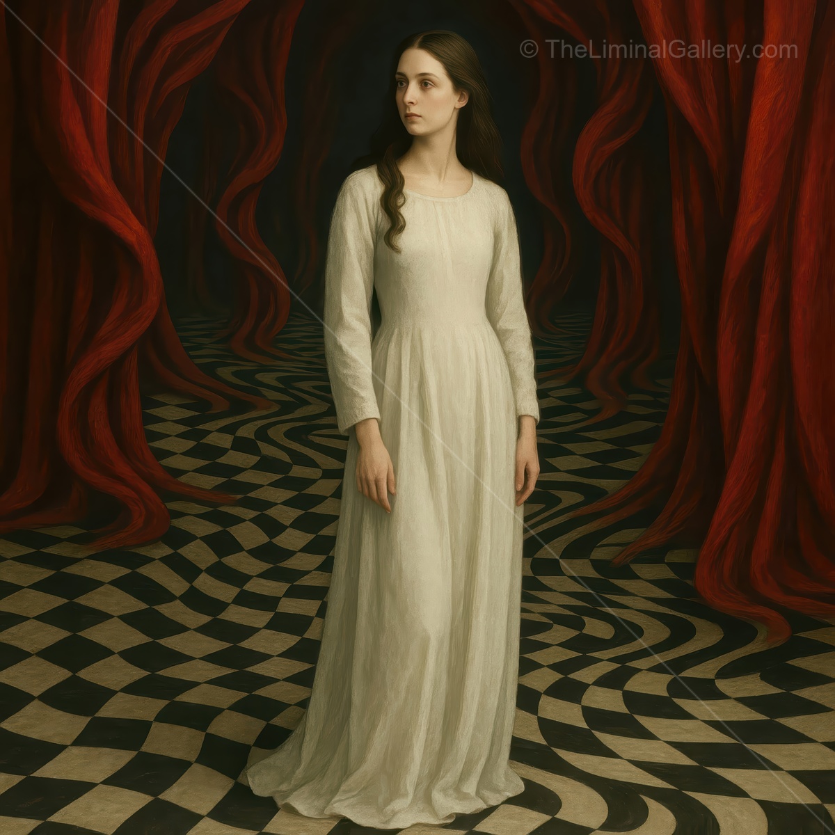 Woman in white stands amid rich red drapery as a twisted checkered floor warps beneath her