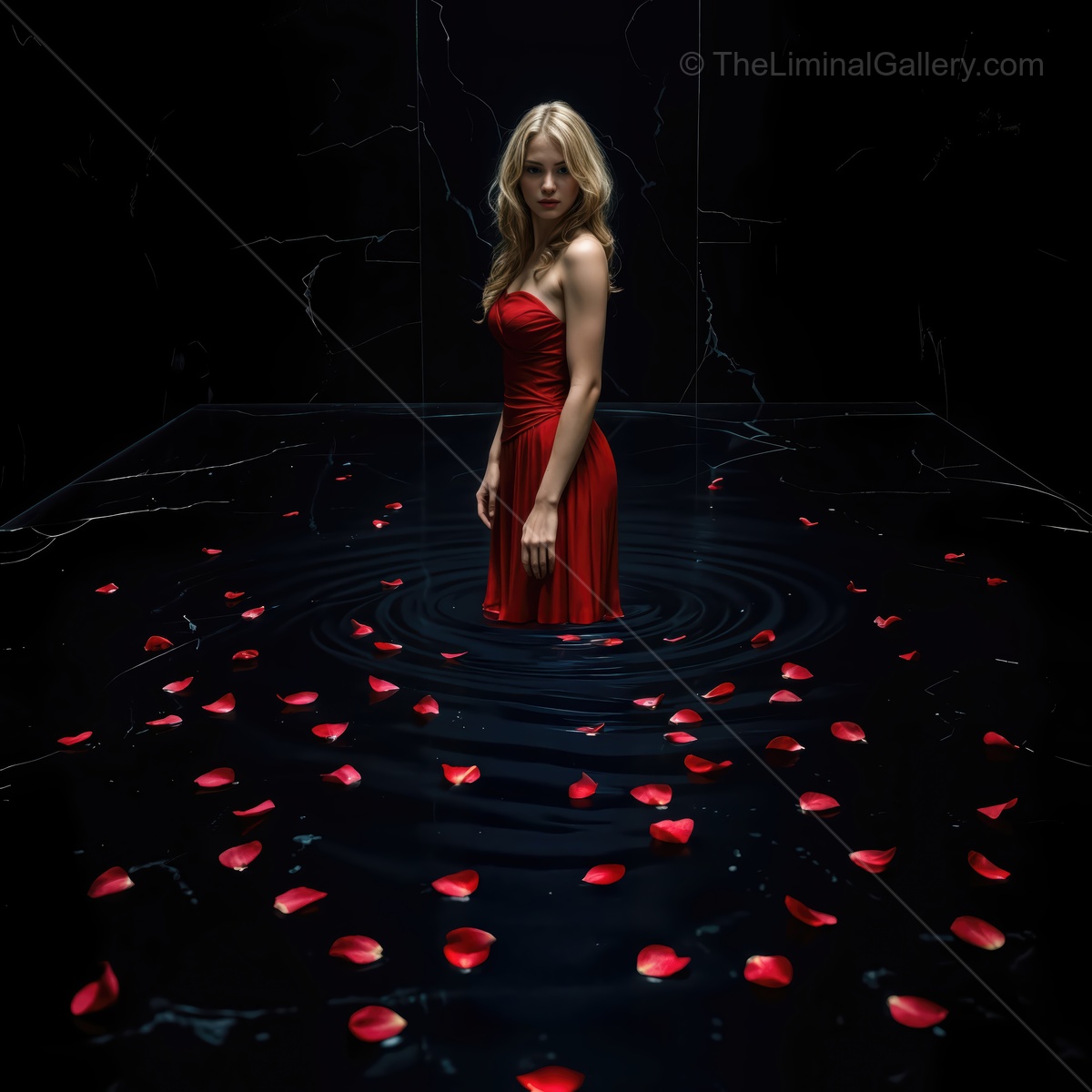 Woman in a red dress stands in a dark reflective pool strewn with rose petals, quiet light on her face