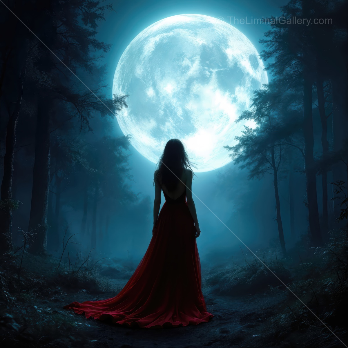 Woman in a red dress looks toward a full moon at the forest edge, night air still around her