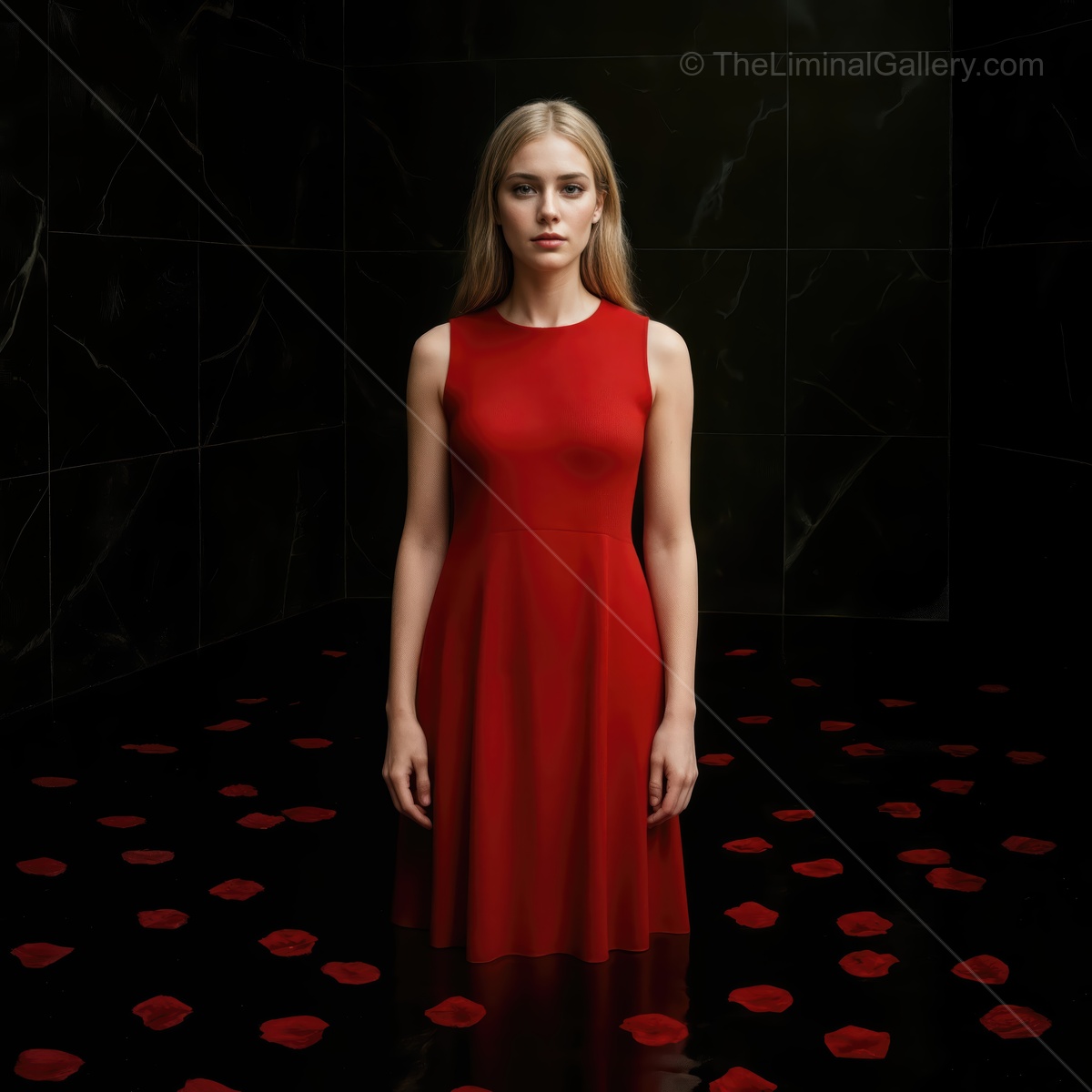 Woman in a sweeping red dress stands on glossy black floor strewn with petals, light carving clean lines
