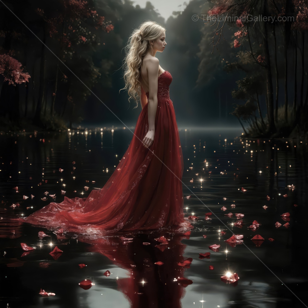 Woman in a red dress stands calf-deep in a lake at night, floating petals and pin lights ring the water