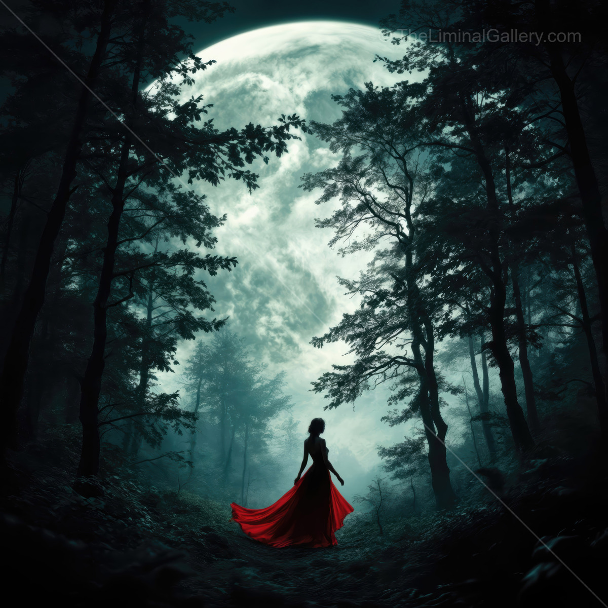 Woman in a flowing red gown stands in a dark forest, full moon haloing her silhouette