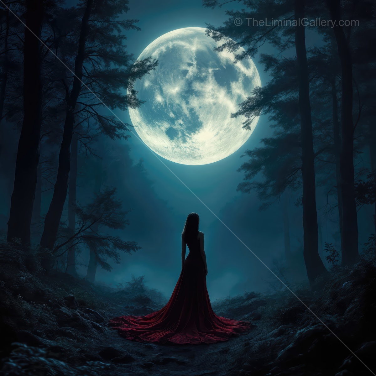 Woman in red stands among trees under a high moon, silver light threading the leaves