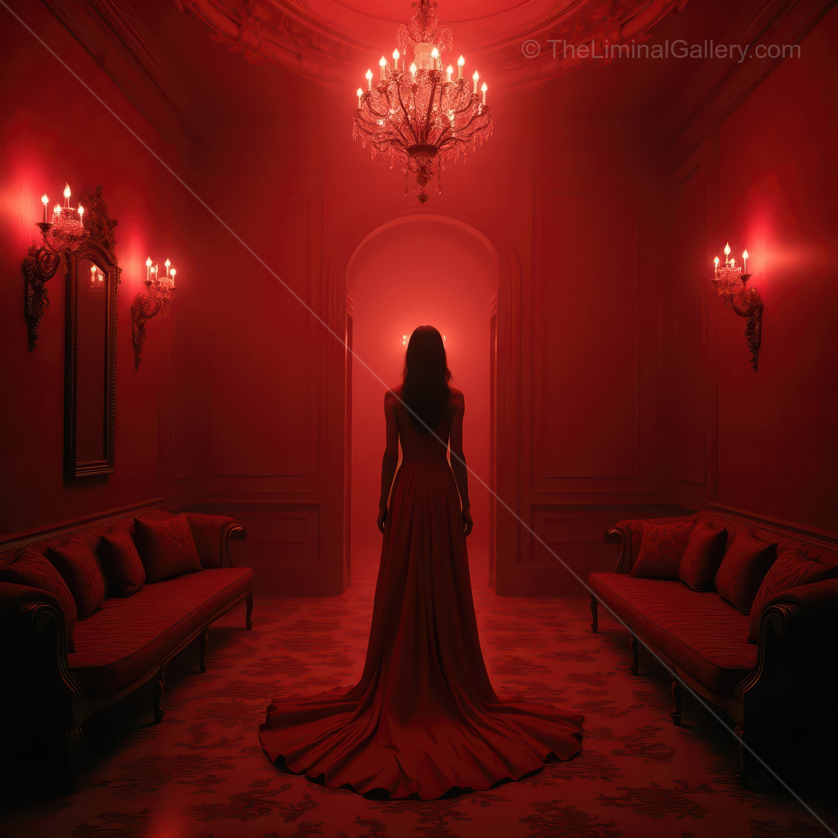 Woman stands at a red-lit hall entrance with chandeliers and ornate trim, plush couches lining the corridor