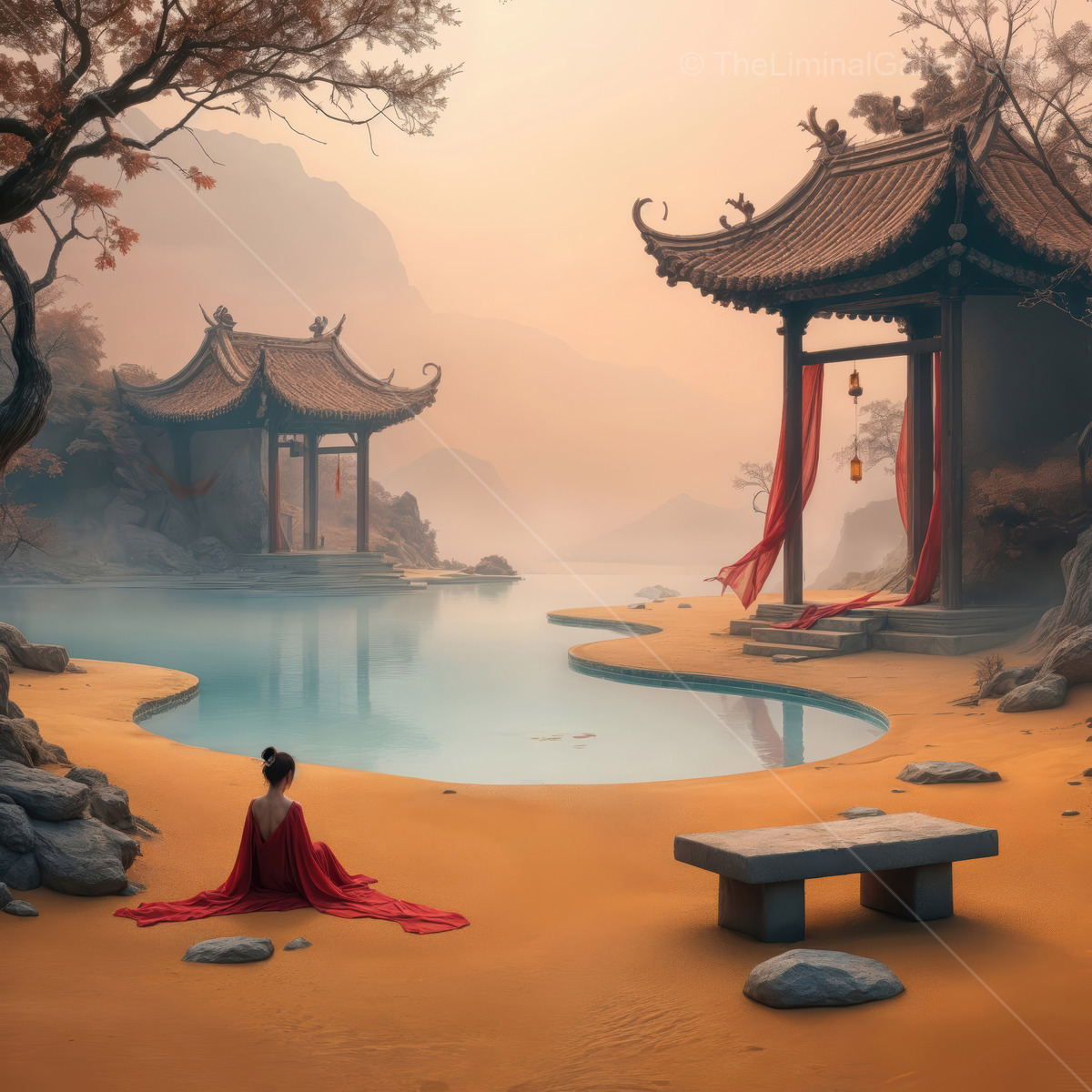 Woman in a red robe sits by still water facing classic pavilions, hazy mountains and blossoms framing dusk calm