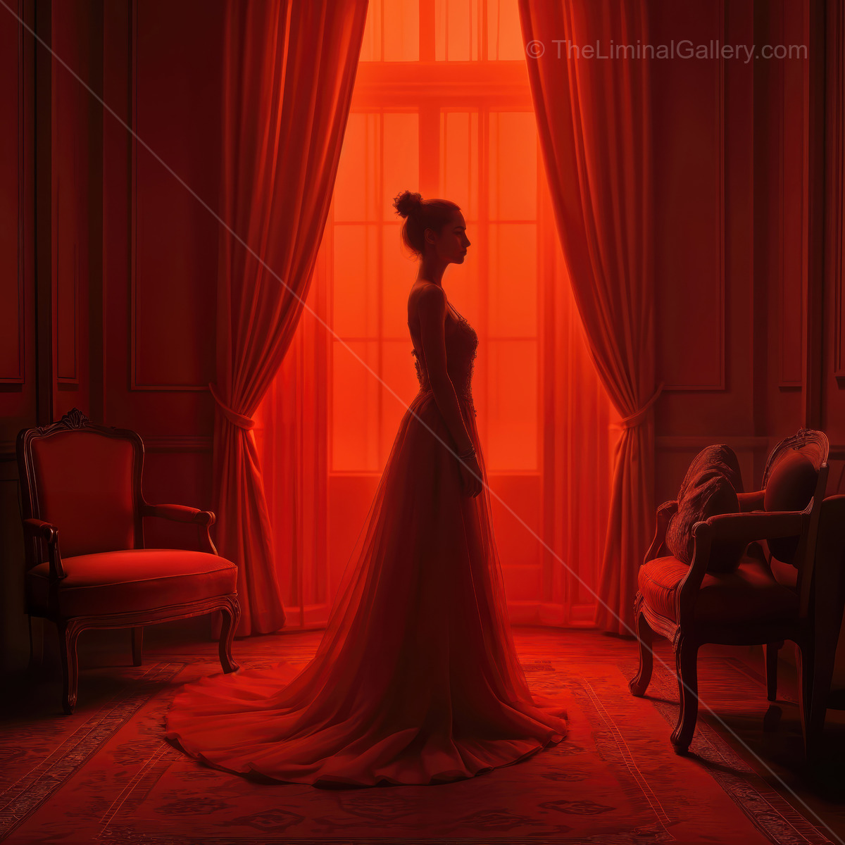 Woman's silhouette in a room washed red, large windows framing her gown as evening glow settles
