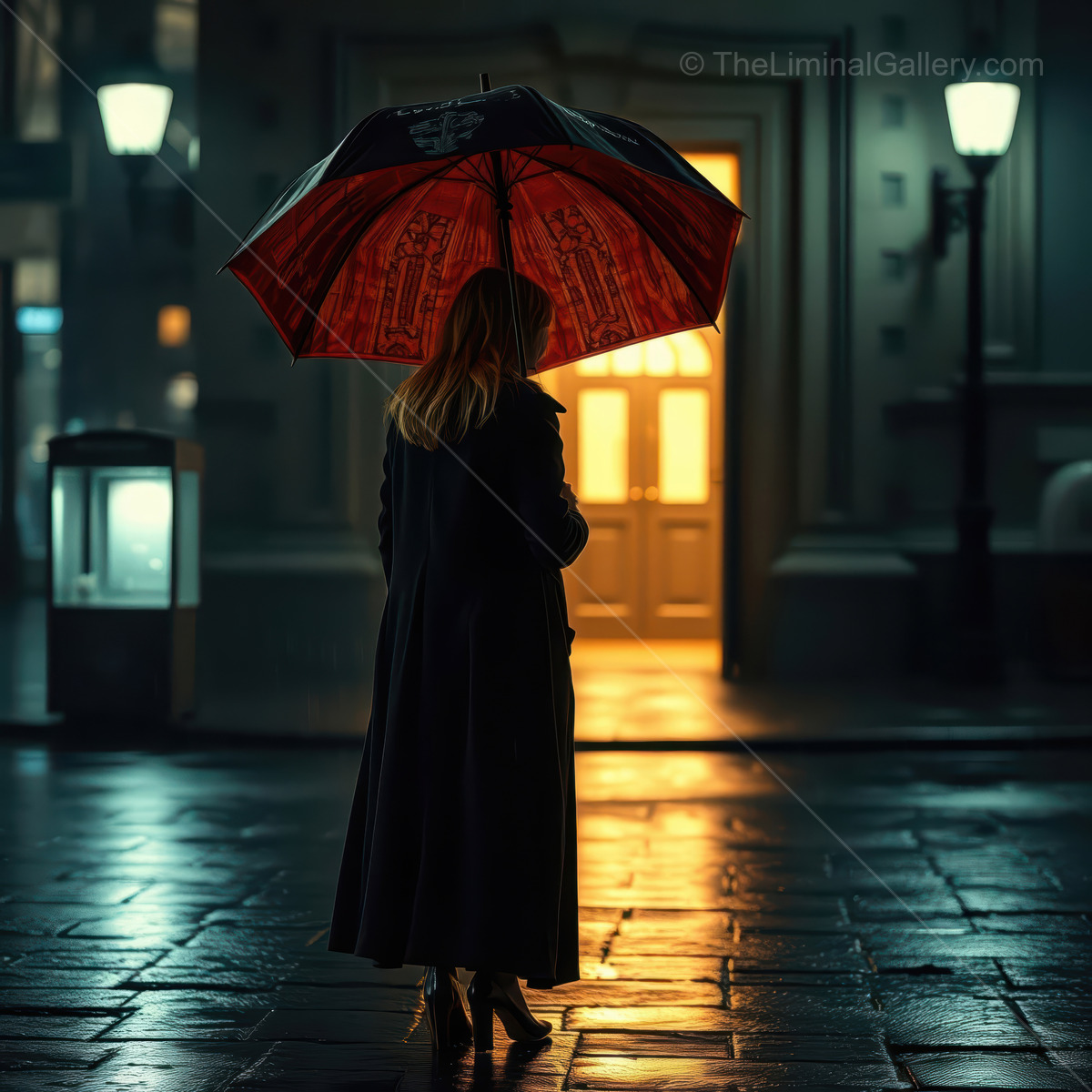 Woman with a red umbrella stands by a lit doorway on a wet street at night, coat hem skimming puddles that mirror the lamps
