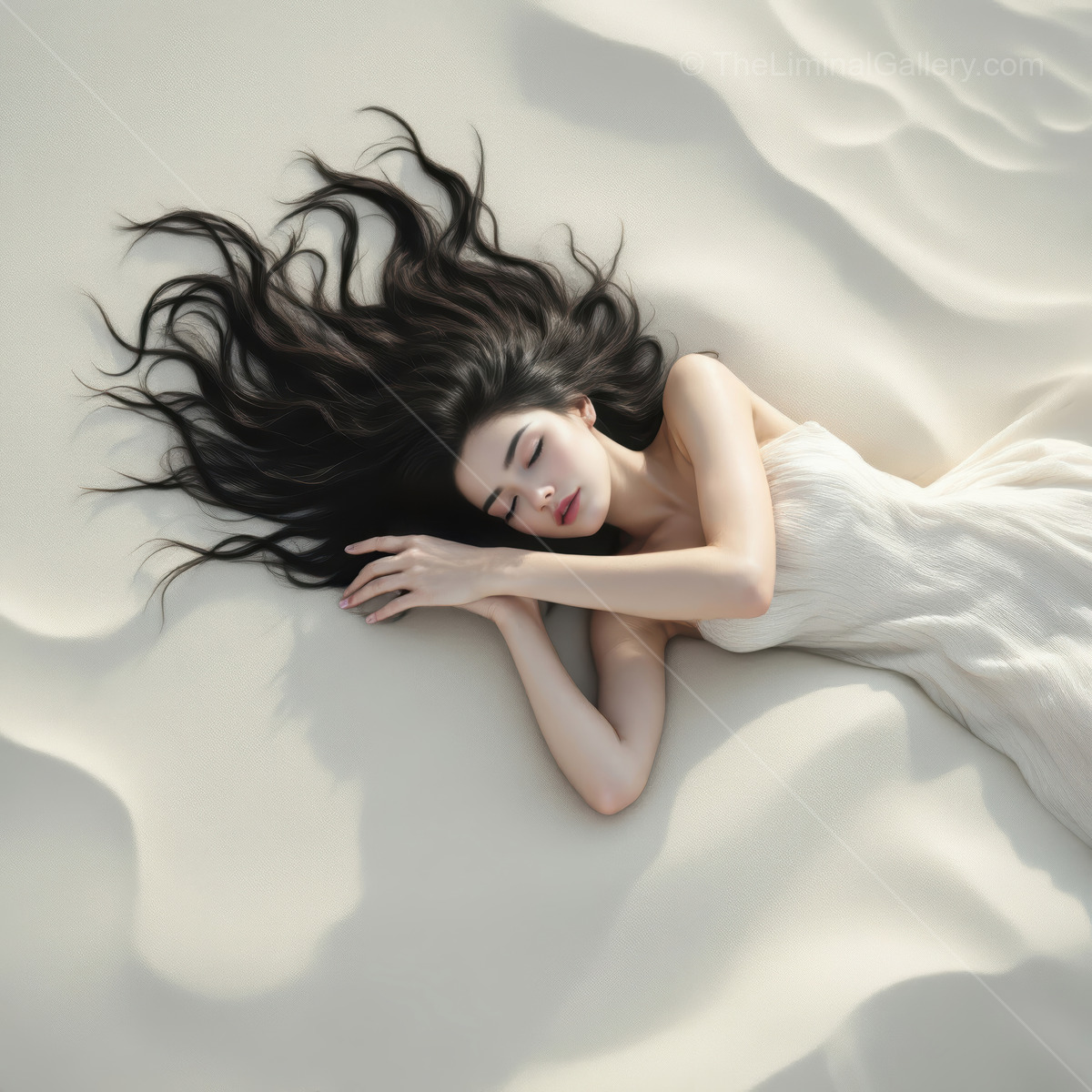 Woman lies on pale sand dunes at twilight, loose hair and simple dress blending with the contours