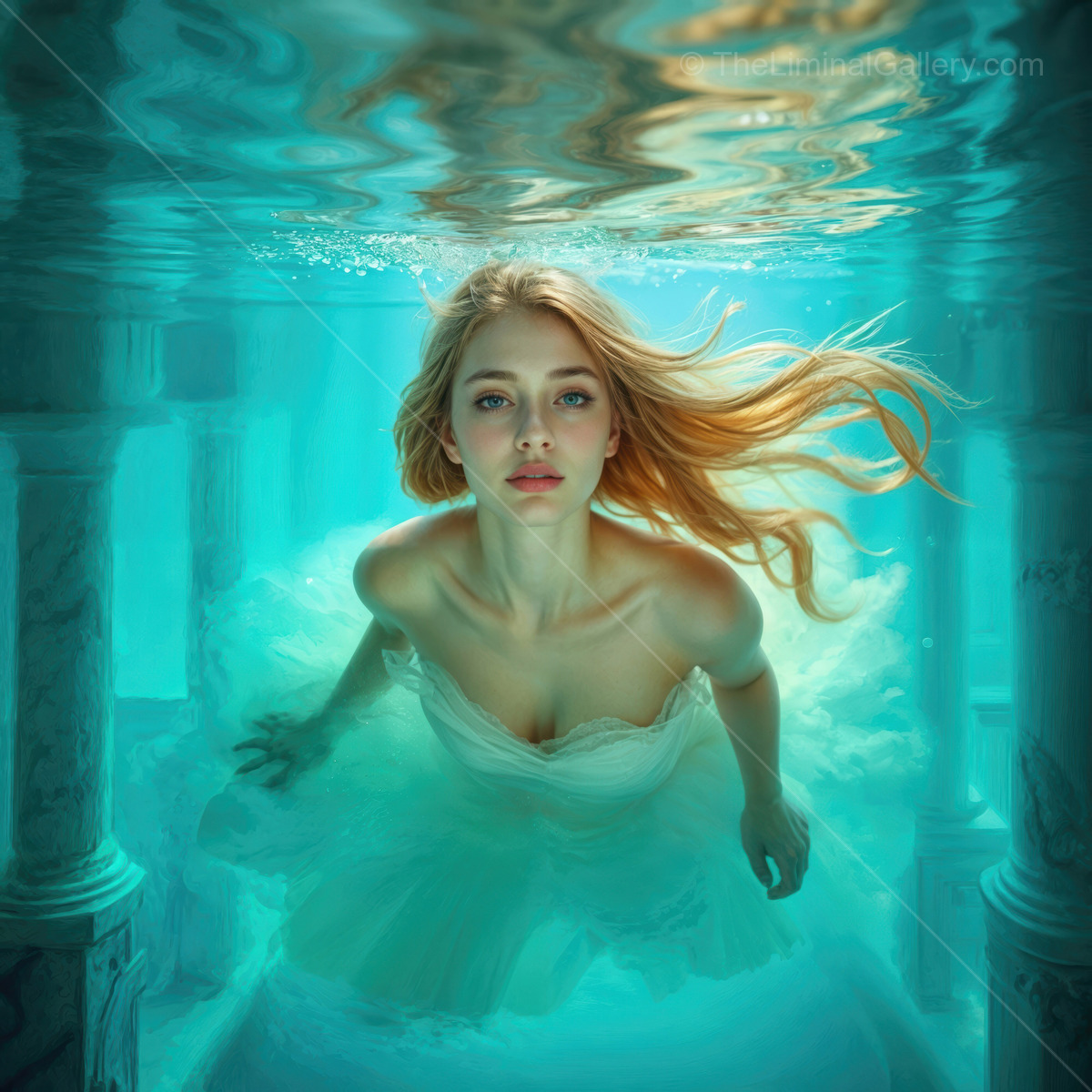Underwater elegance captured in a serene blue light with a flowing, ethereal gown
