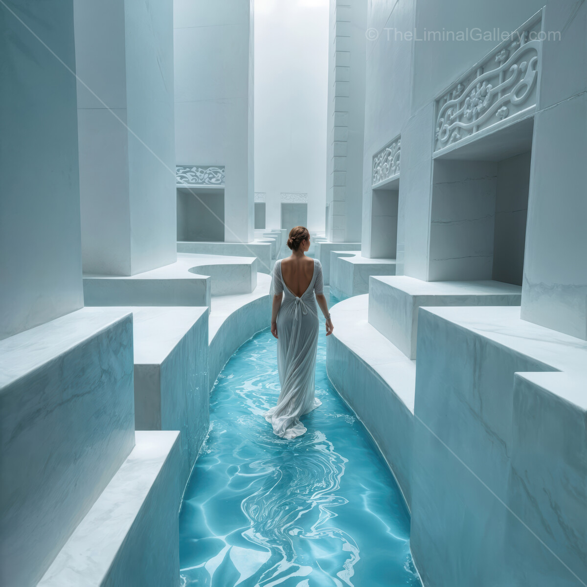 Serenity unfolds as a figure in white steps through a tranquil liminal oasis of light and water
