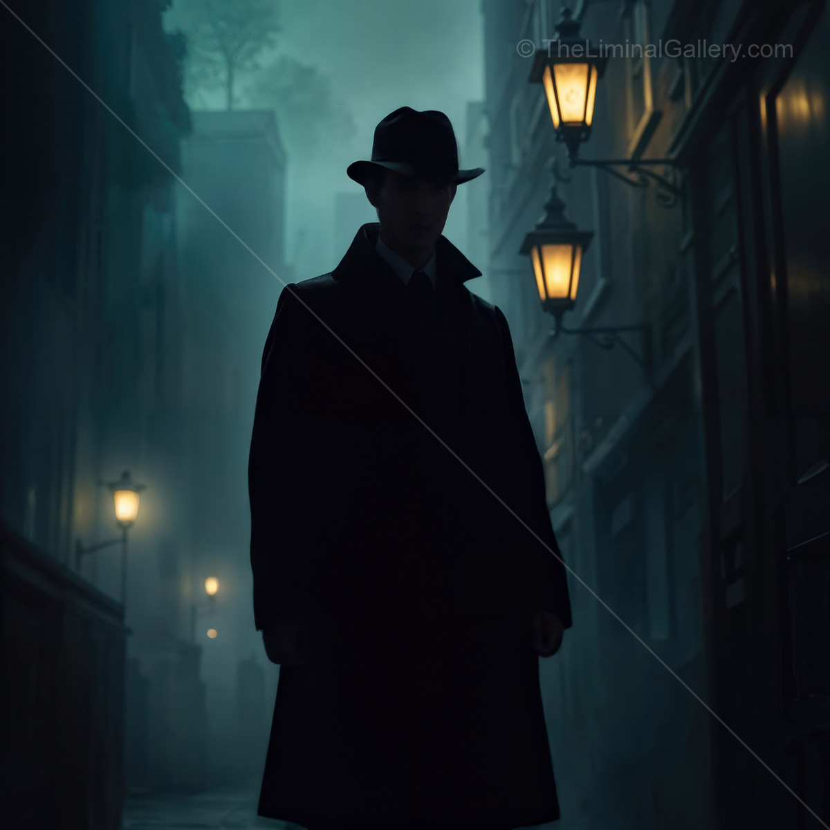 Sherlock Holmes in a foggy alley illuminated by vintage street lamps at night