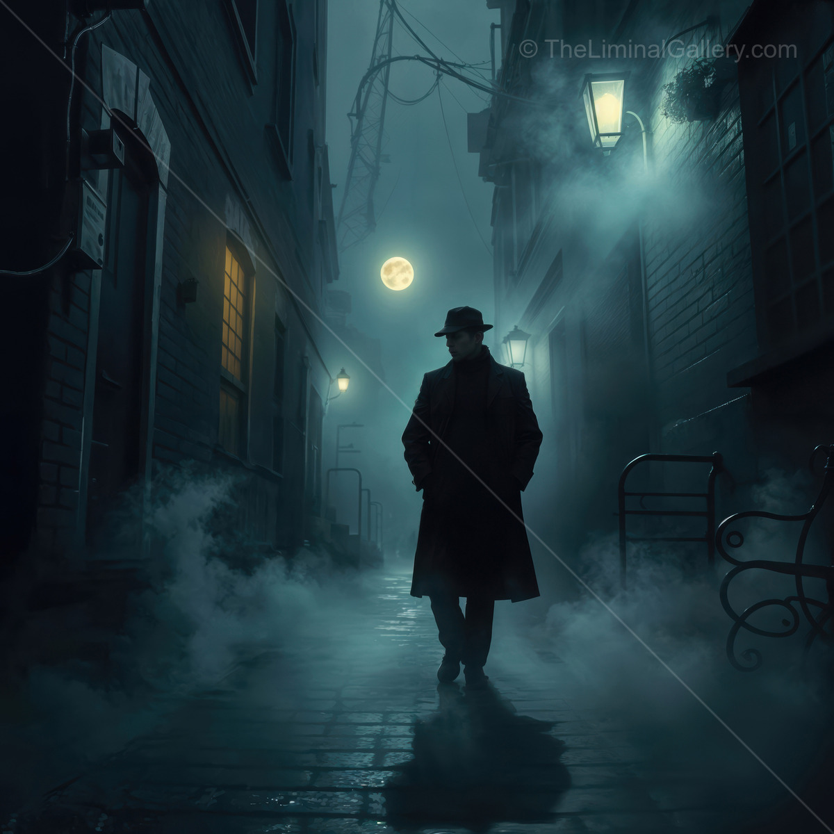 Sherlock Holmes strolls through foggy alley under a glowing moon at night