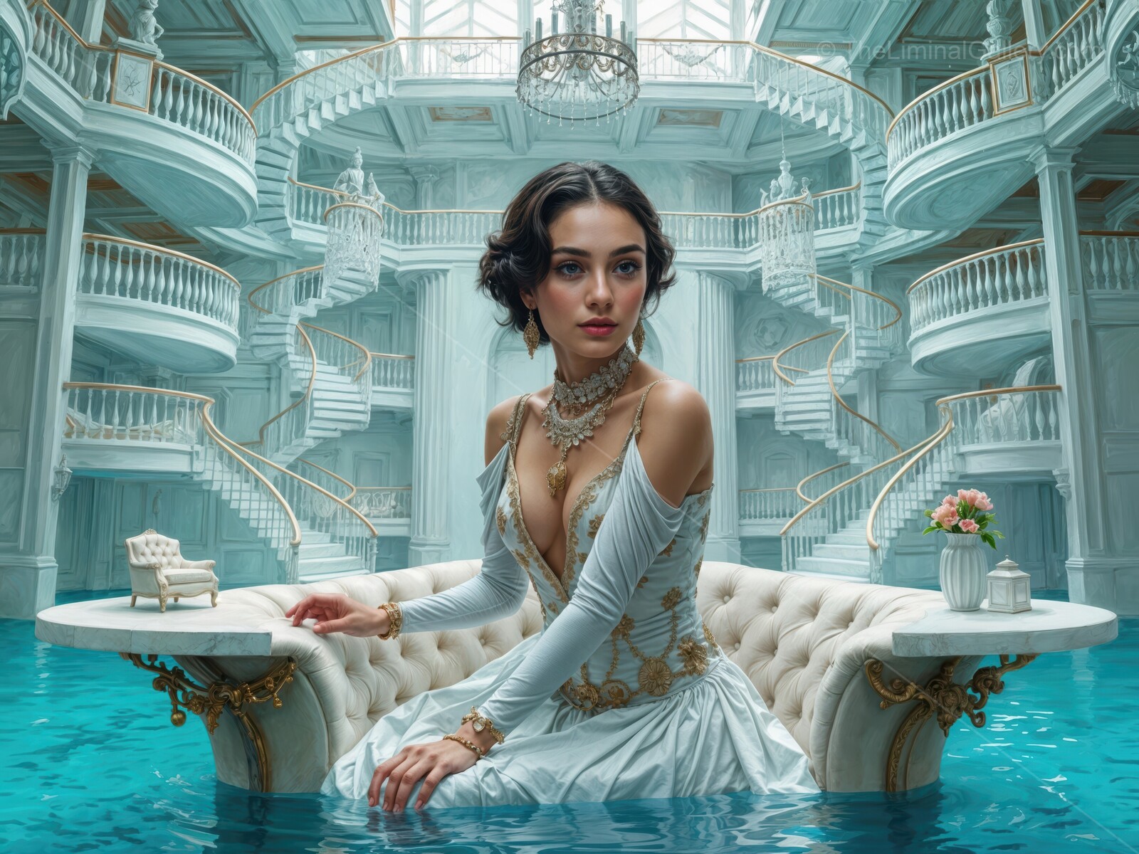 Elegance emerges from a shimmering pool in an opulent palace at golden hour