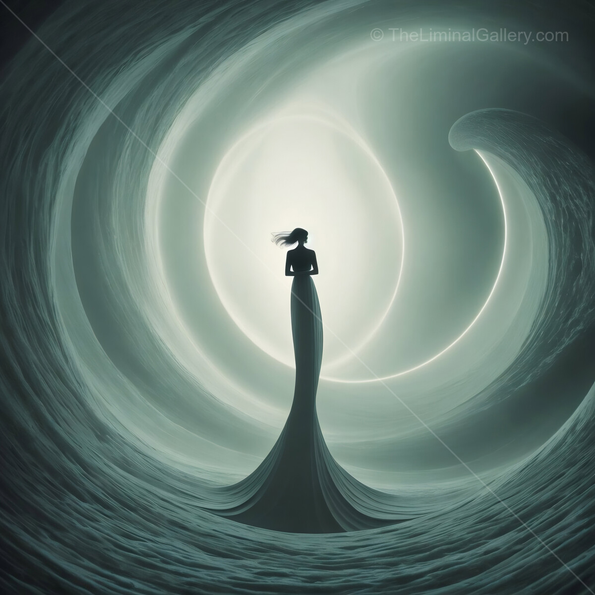 Silhouetted figure embraces ethereal waves of light in a dreamlike vortex