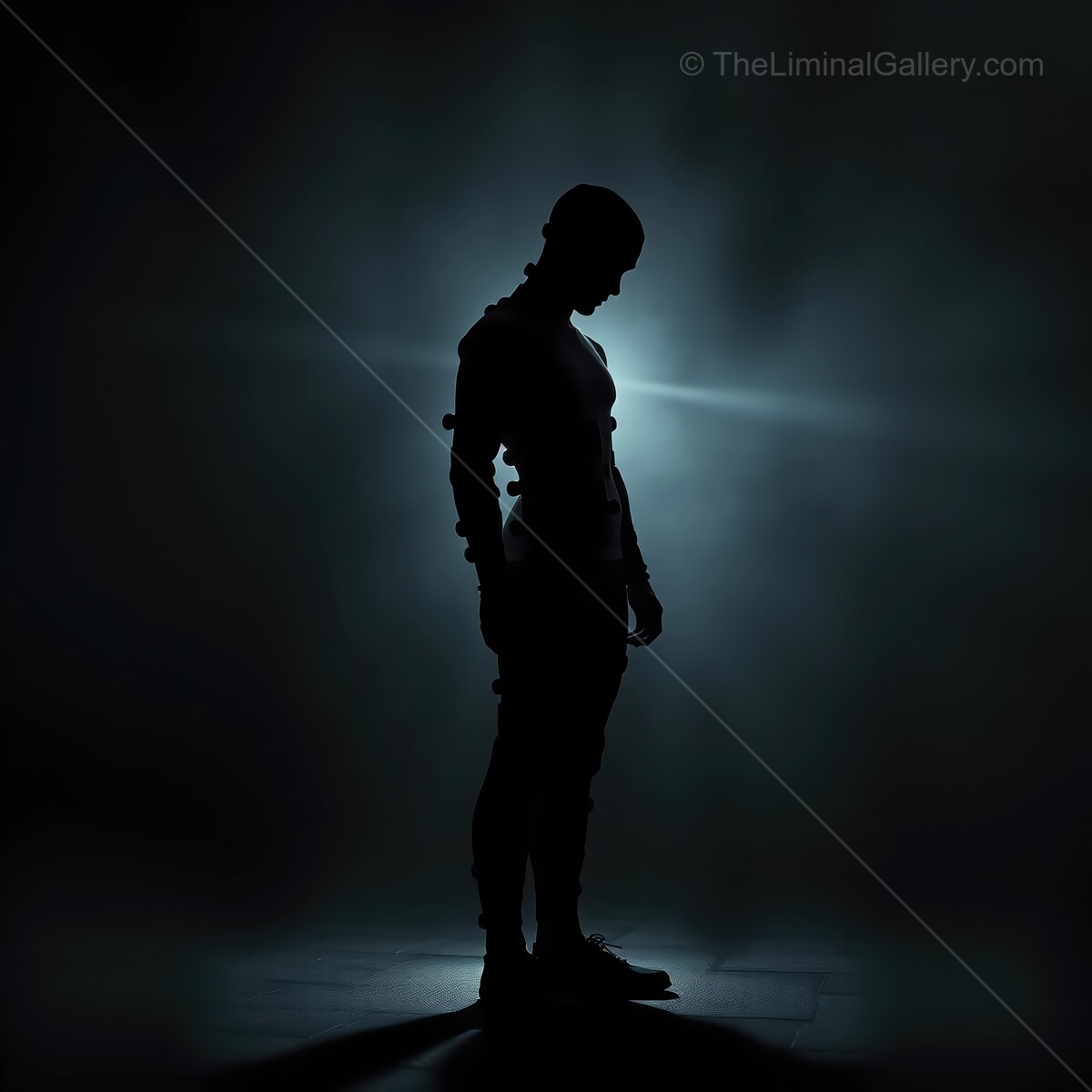 Mysterious silhouette of a man immersed in ethereal light against a dark backdrop