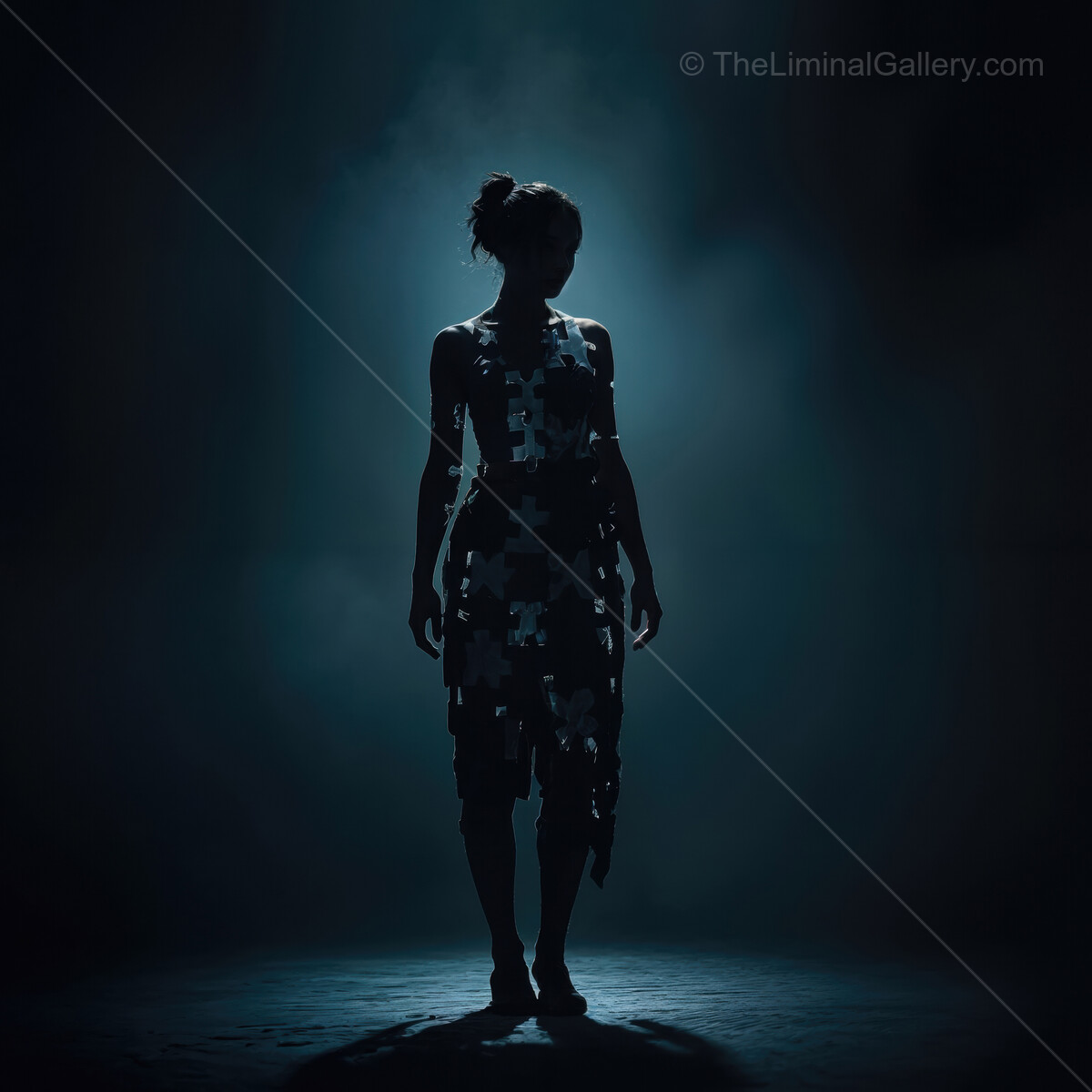 Dramatic silhouette of a woman in a unique dress illuminated by ethereal light