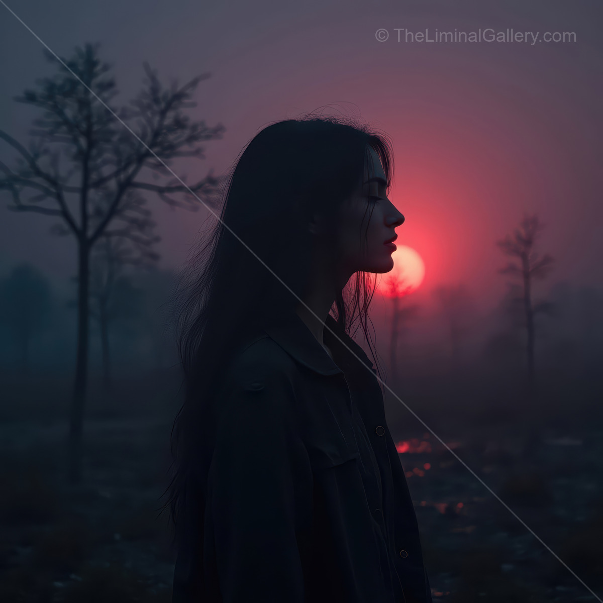 Woman's silhouette cuts against a moody sunset, bare trees and low haze framing the fading sun
