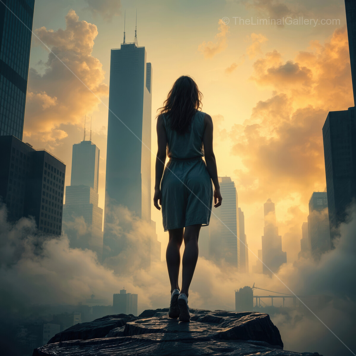 Silhouette of a woman gazing at a city skyline under a dramatic sunset