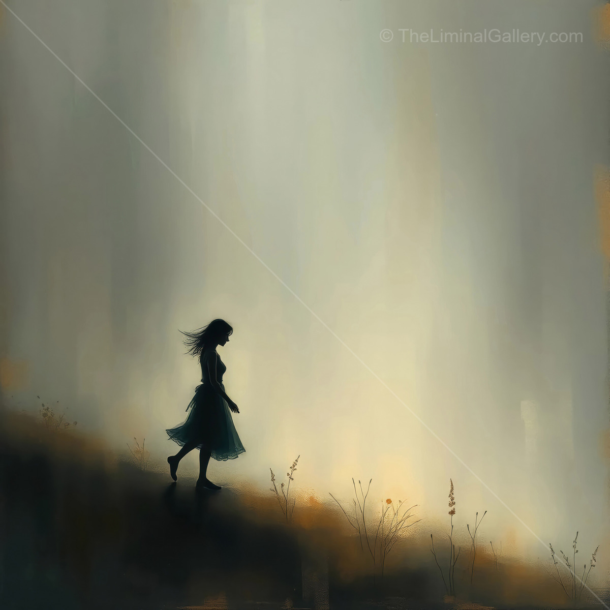 Silhouette of a young woman walking through a misty landscape at dusk