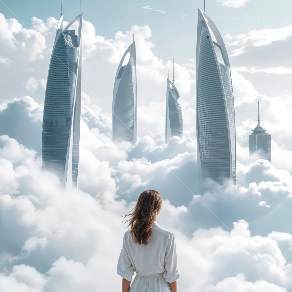 Woman watches a skyline pierce soft clouds as sun rays filter through, silhouettes stacking in depth