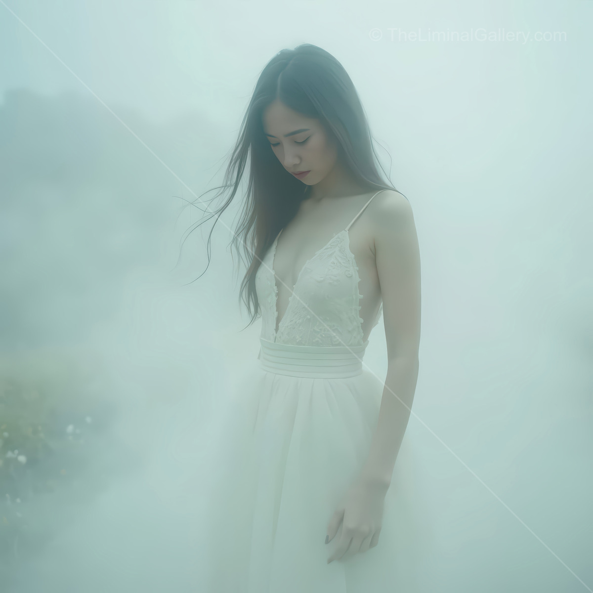 Woman in a delicate gown stands in dense mist, gaze lowered as diffuse light outlines hair and hem