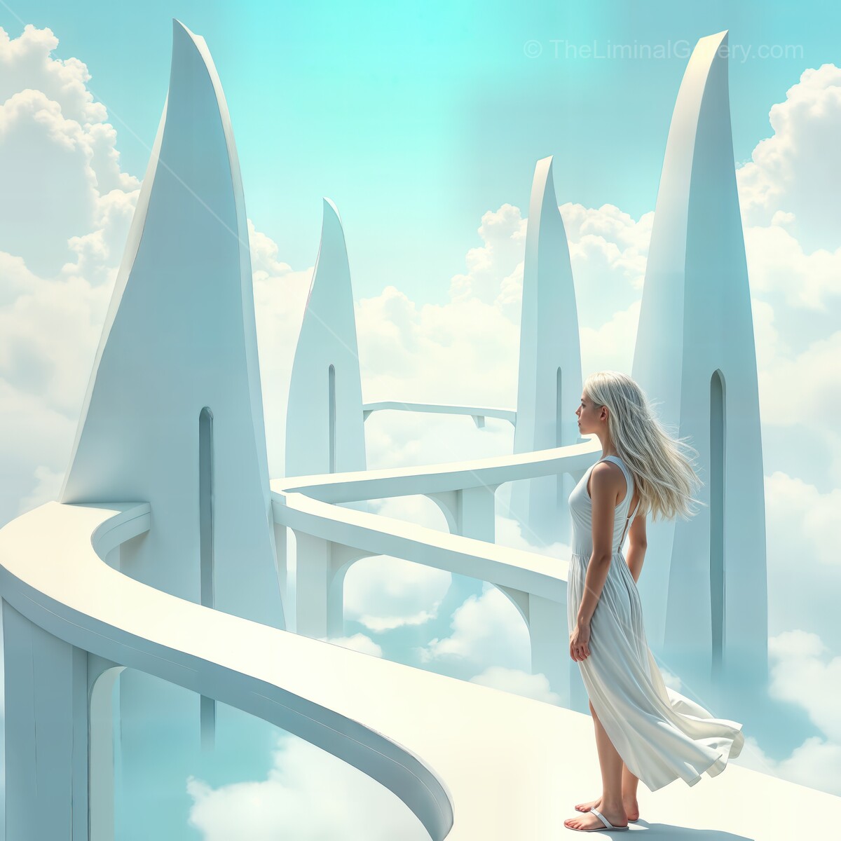 Barefoot woman on a spiral path among white spires rising through cloud, light brightening her dress