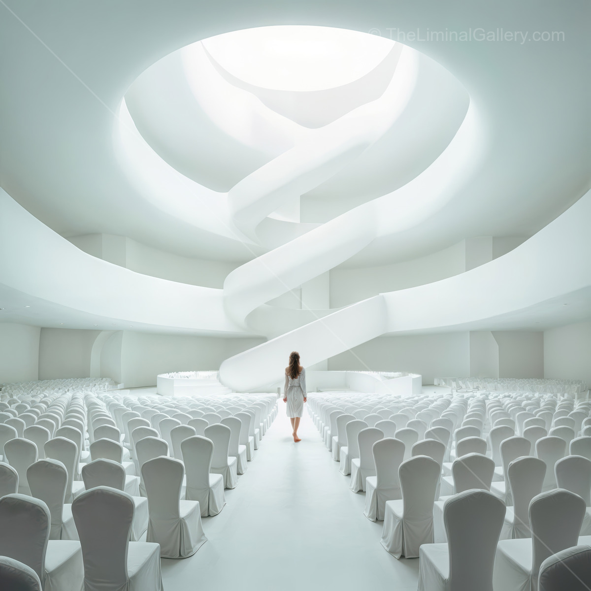 Woman crosses a luminous hall with a spiral staircase under a skylight, ranks of white chairs aligned below