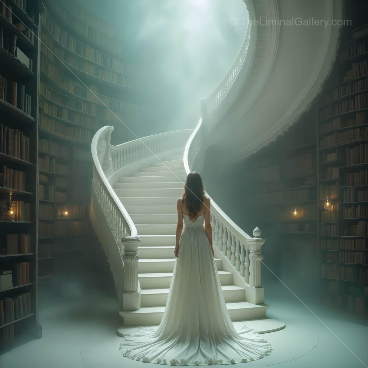 Woman in white faces a misted spiral staircase in a library, warm sconces grazing the stacks