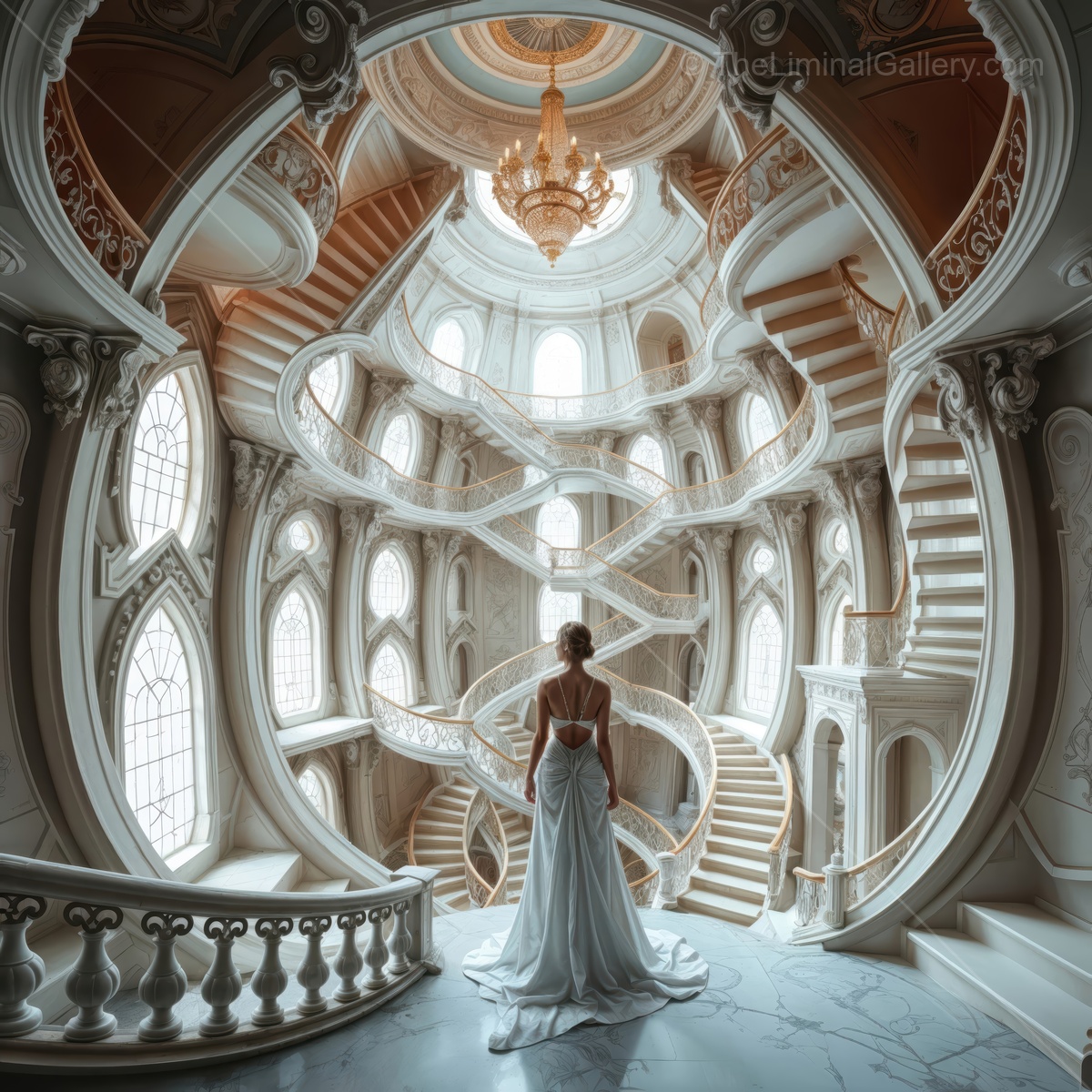 Woman in a white gown stands beneath spiraling staircases in a luminous hall, marble floors reflecting