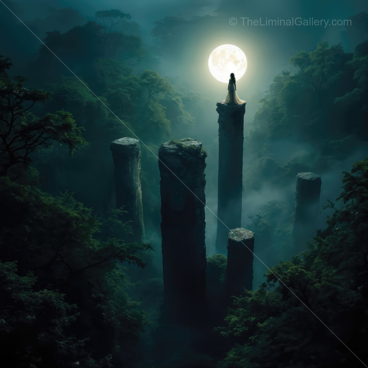 Mystical pillars rise above a foggy forest under a glowing full moon at midnight, creating an enchanting liminal atmosphere