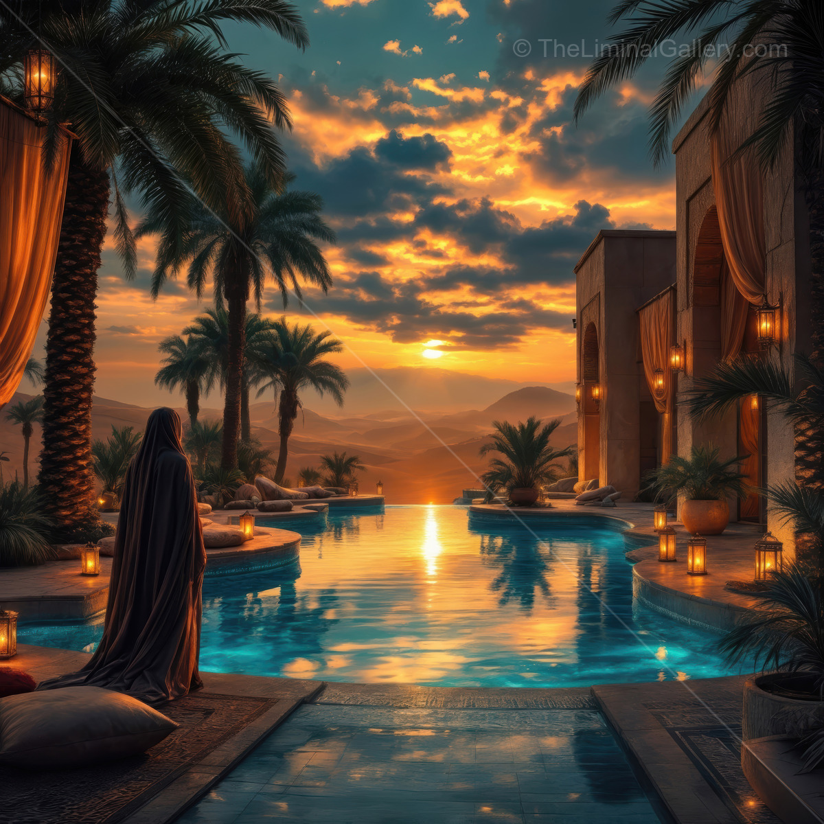 Woman by a serene pool watches sunset colors wash distant hills, palms and lanterns tracing warm reflections