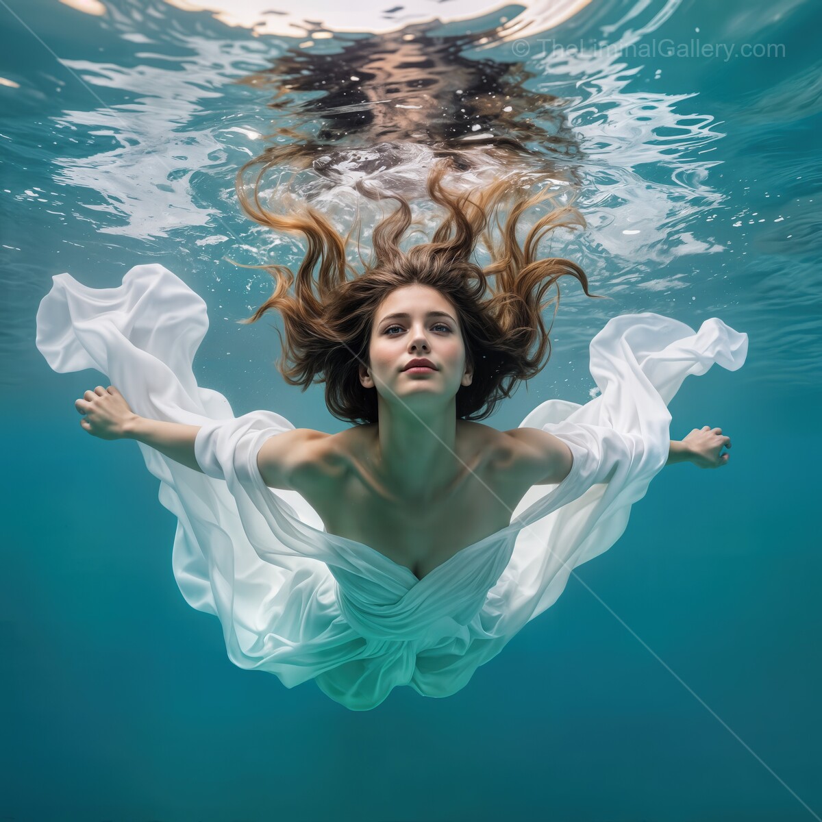 Surreal descent into tranquility as a woman glides through crystal-clear waters in an ethereal white dress