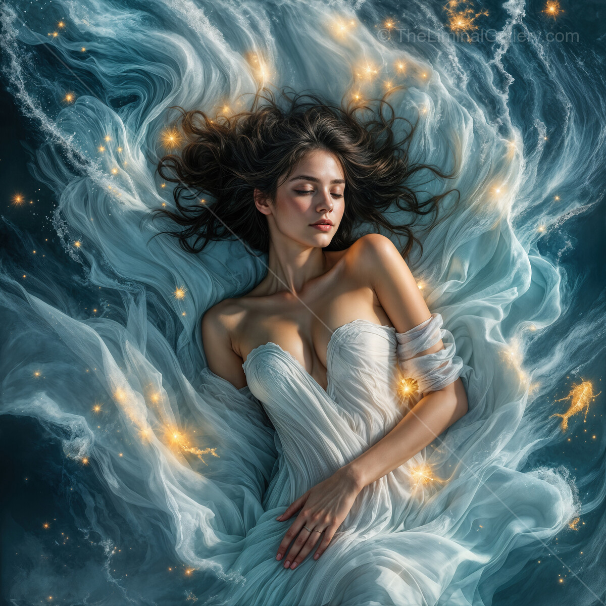 Surreal dreamscape where a woman drifts effortlessly amid ethereal swirls of light and fabric in a mystical twilight setting