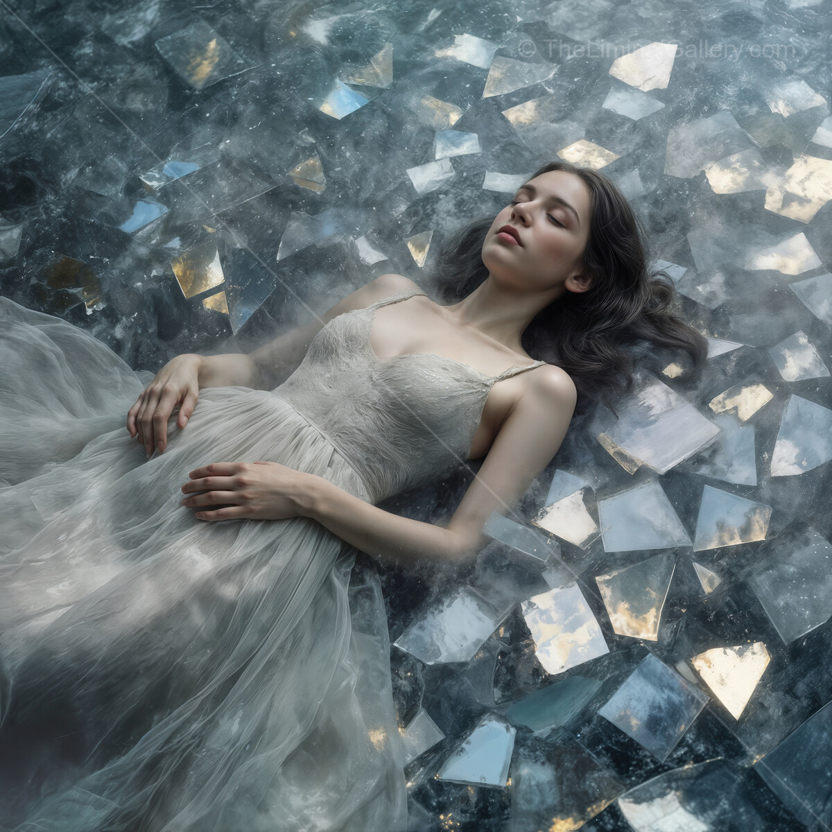 Surreal elegance of a woman draped in soft fabric, resting among glimmering shards of glass in a dreamlike landscape