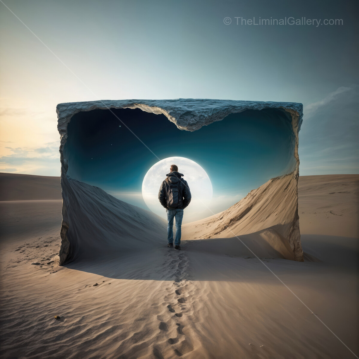 Man standing before a surreal gateway in a vast desert landscape at twilight