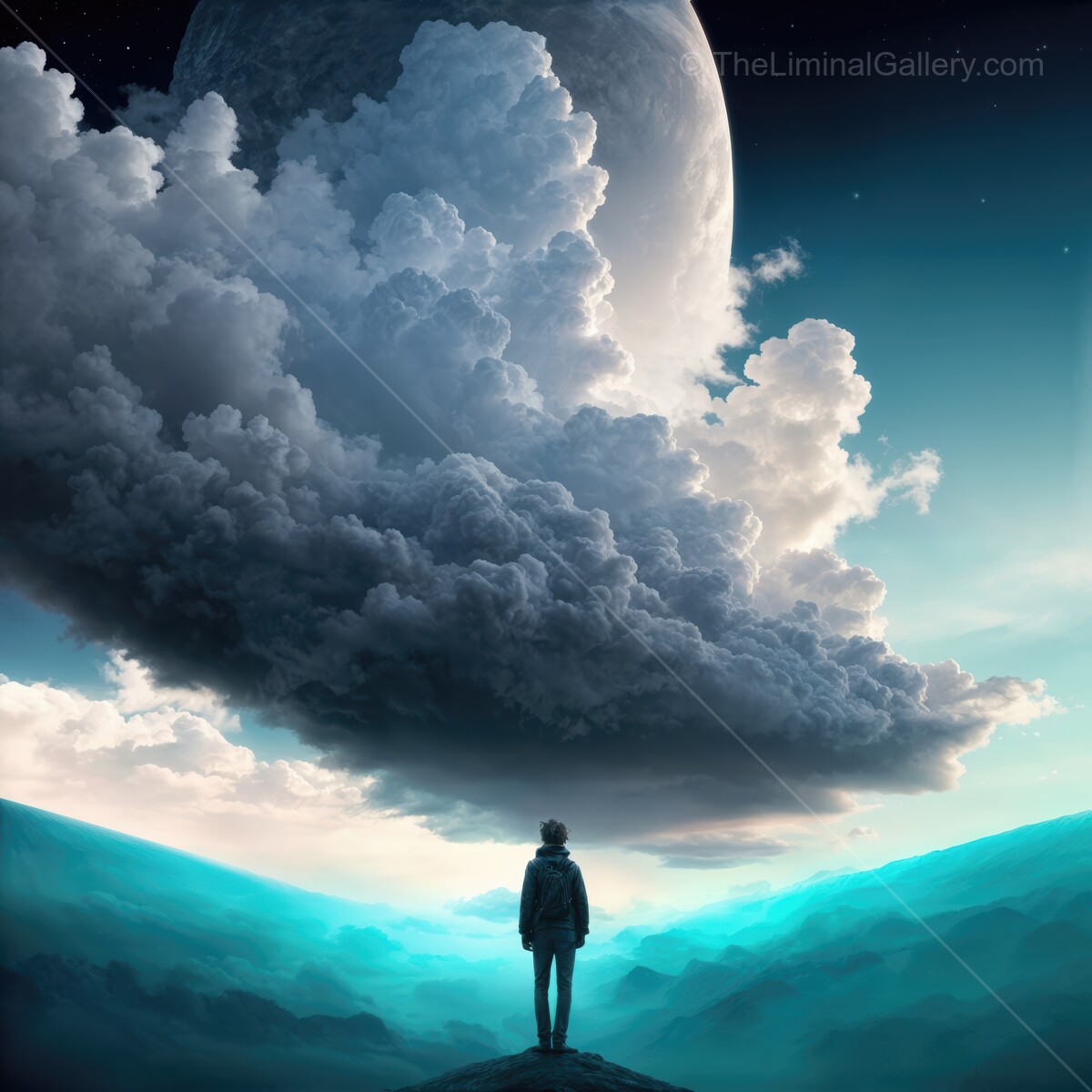 Exploring the surreal liminal landscape under a massive moon and enchanting clouds at twilight