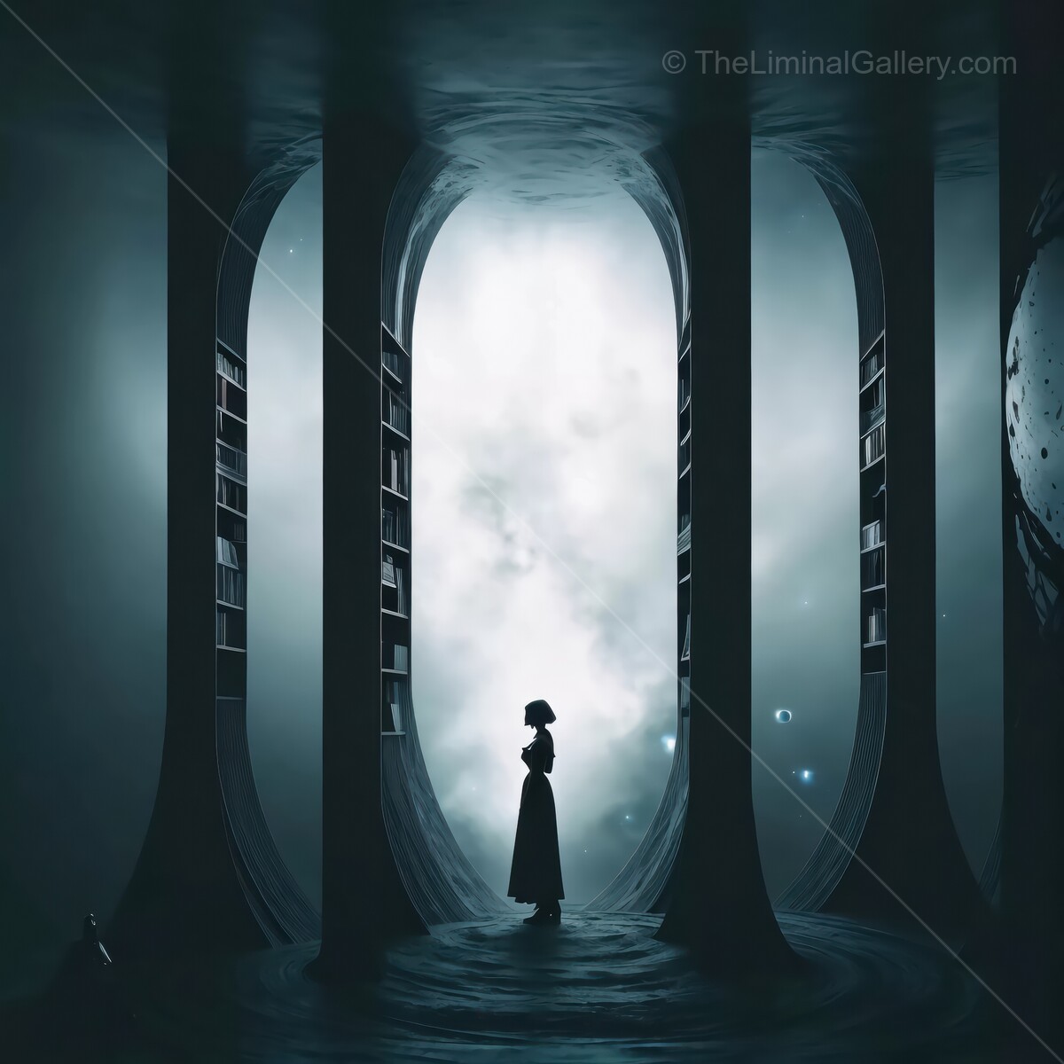 Enigmatic silhouette explores a surreal liminal library realm surrounded by mystery and shadows