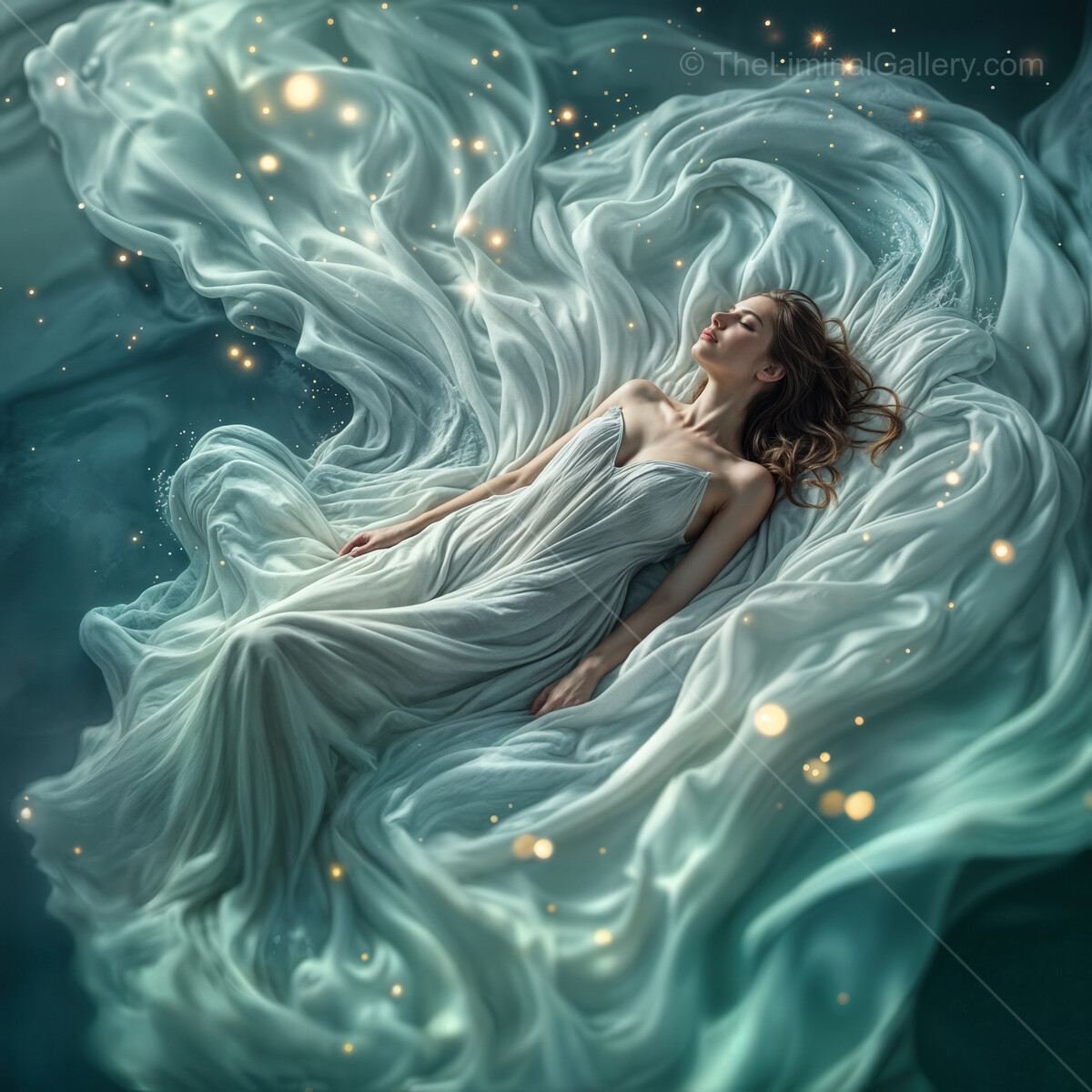 Surreal serenity blankets a woman in ethereal waves of fabric and light in a dreamlike setting