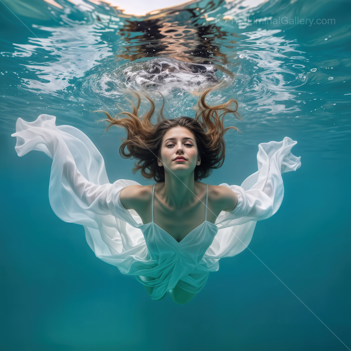 Surreal underwater journey of a woman dressed in flowing white fabric exploring a dreamlike aquatic world