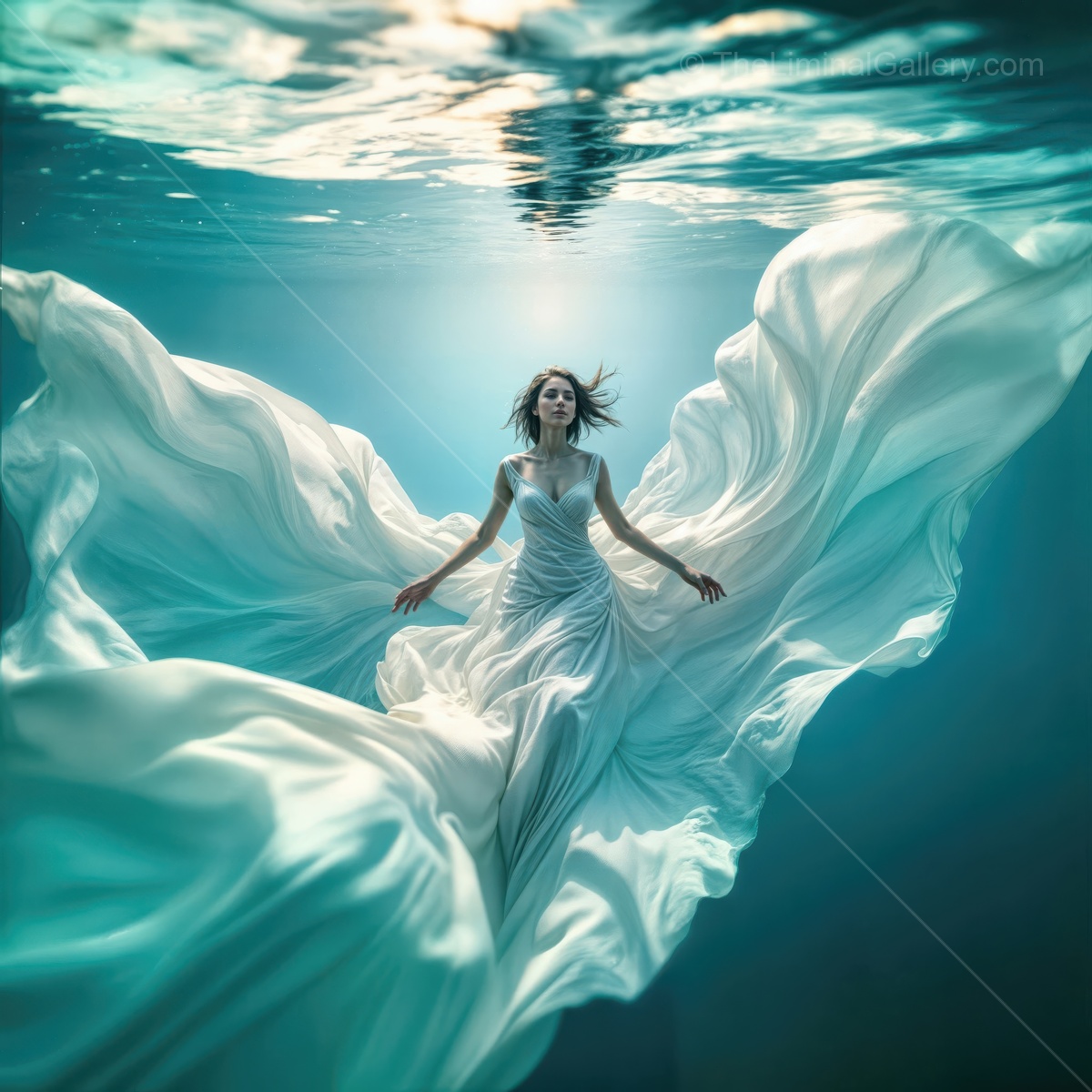 Surreal underwater dance of a woman in flowing white fabric under soft blue light