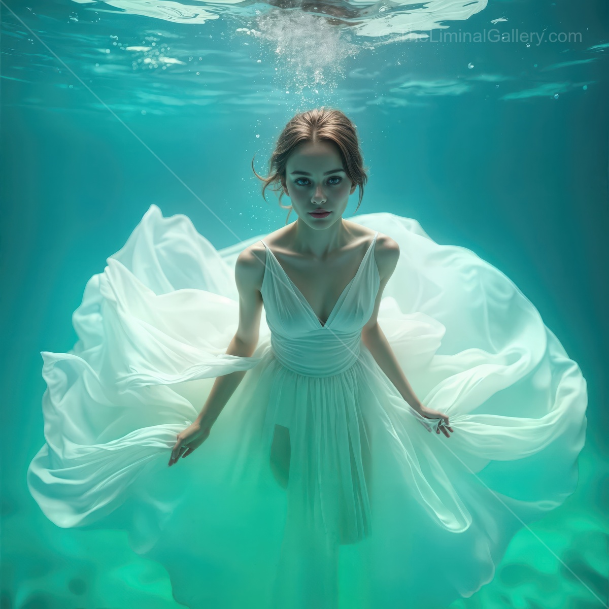 Surreal underwater scene showcasing a woman in a flowing white dress surrounded by ethereal blue hues and gentle water ripples