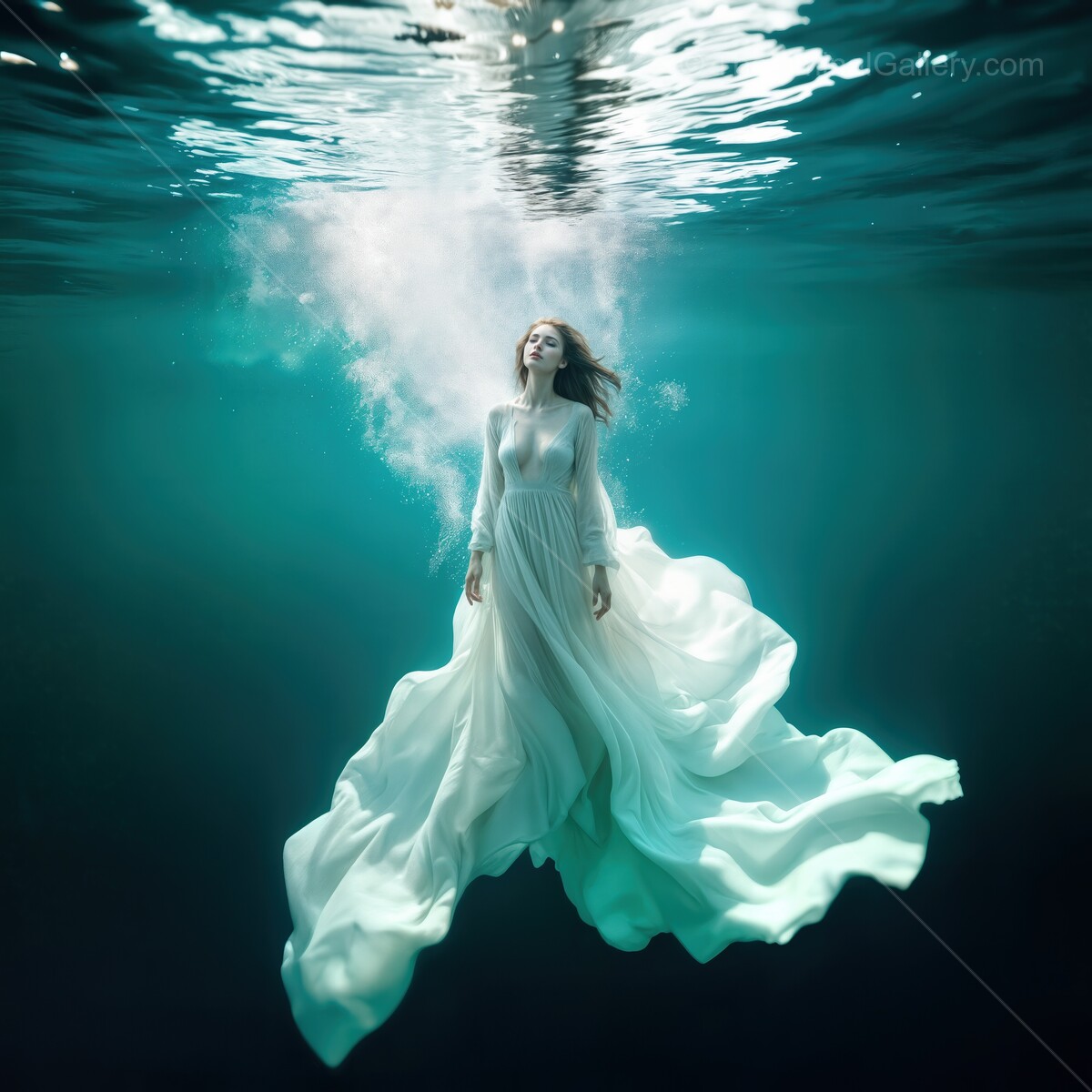 Surreal underwater scene with a woman in a flowing dress exploring a dreamlike world of light and movement