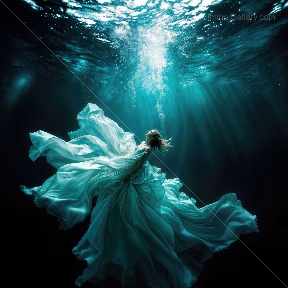 Surreal underwater scene of a woman in flowing dress gliding gracefully through the tranquil depths of an ocean dreamscape