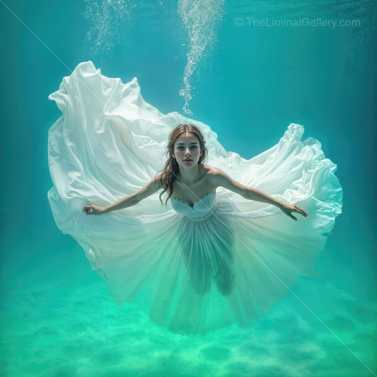 Surreal underwater scene of a woman gliding gracefully in a flowing white dress, immersed in tranquil blue waters