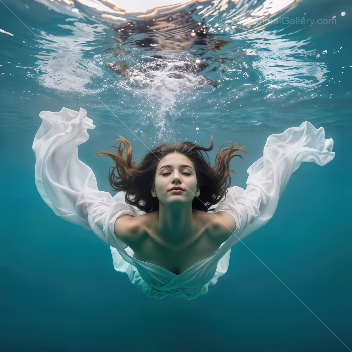 Surreal underwater journey of a woman in flowing white fabric, capturing ethereal beauty in tranquil depths