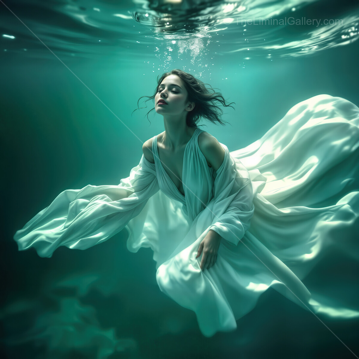 Surreal underwater journey of a woman in white attire, floating gracefully in an ethereal aquatic realm