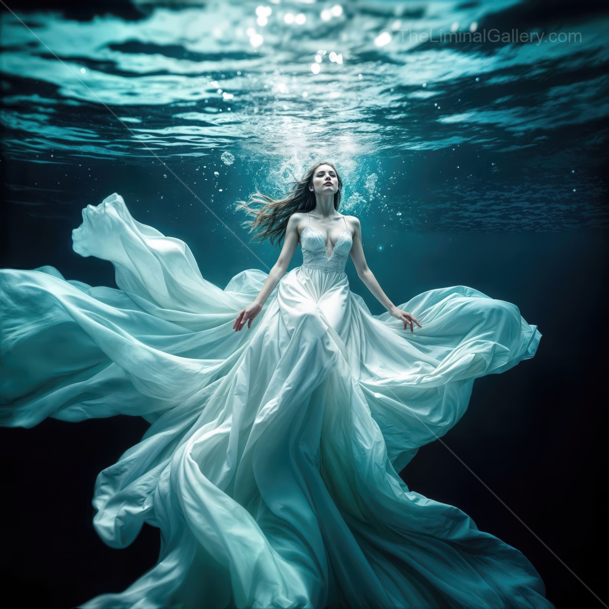 Surreal underwater scene featuring a woman in a flowing white gown, creating an ethereal atmosphere beneath the waves