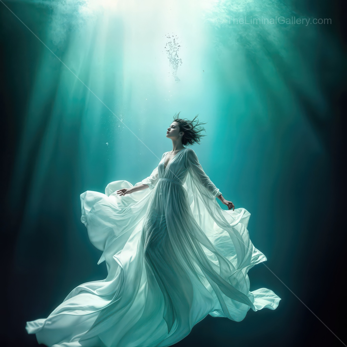 Surreal underwater scene featuring a woman in flowing white gown lost in quiet contemplation among the enchanting aquatic world