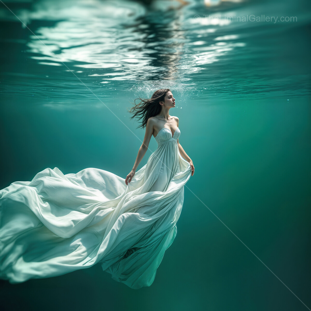 Surreal underwater encounter with a woman in flowing white fabric on a sunlit day