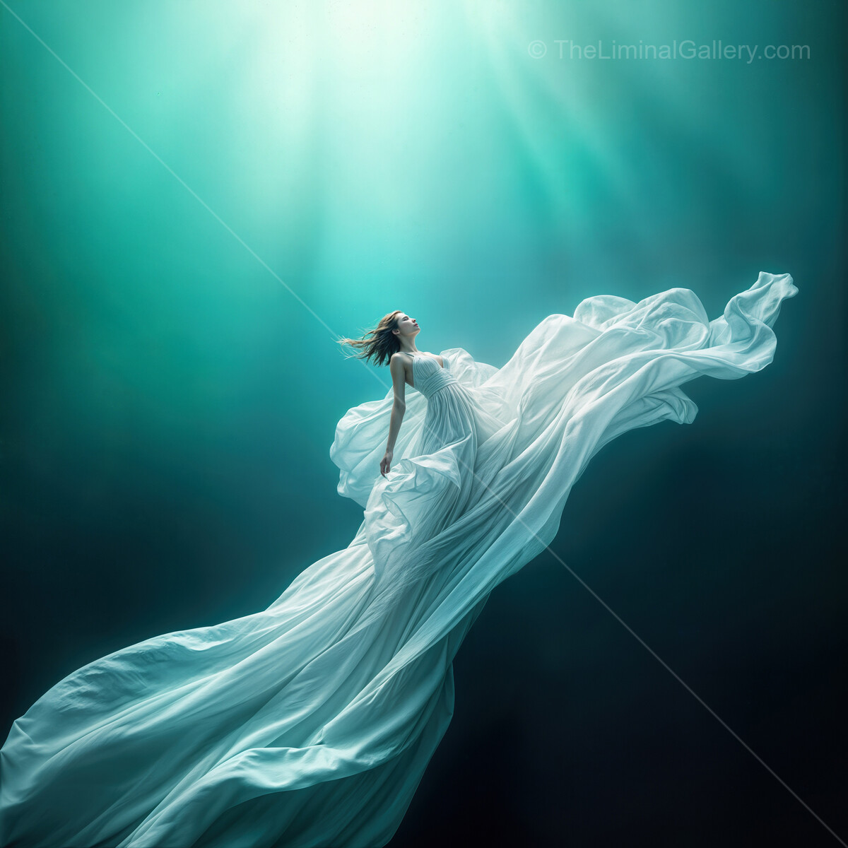 Surreal moment of a woman drifting gracefully through the tranquil underwater dreamscape